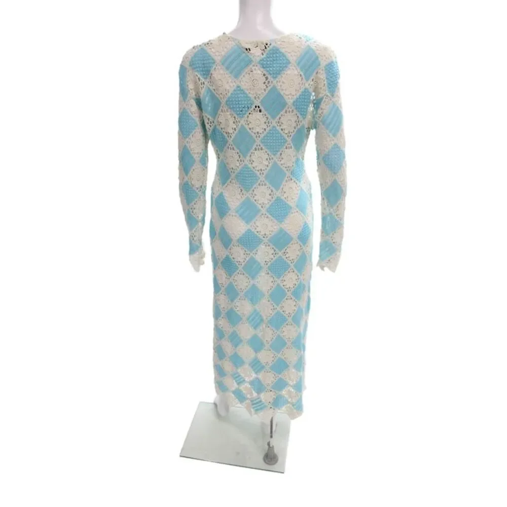 Zara Womens Maxi Dress Blue V-Neck Long Sleeve Argyle Cotton Size S